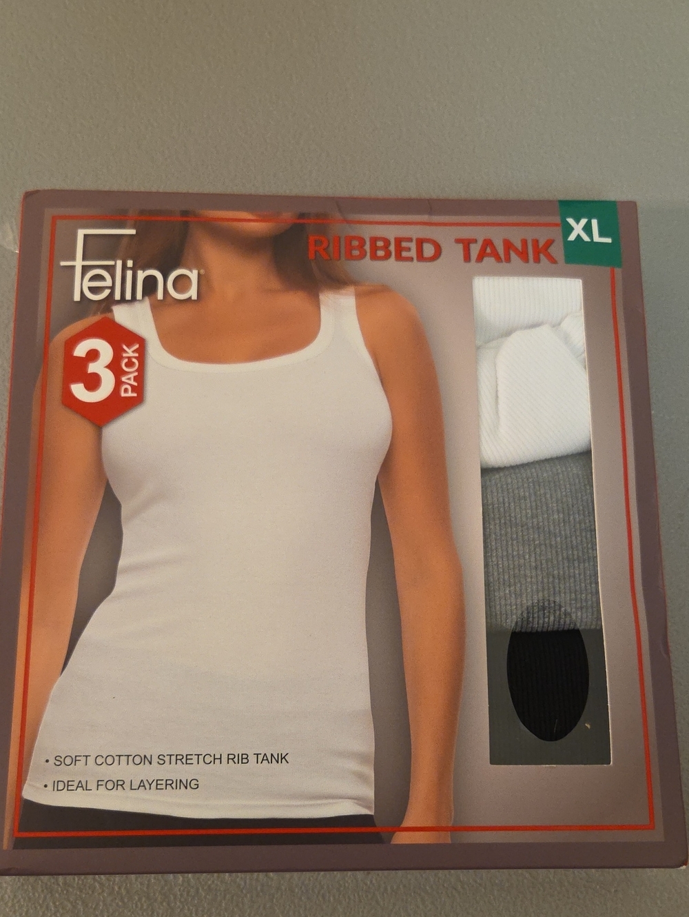 Felina Ribbed Tank Top 3-Pack — White, Gray, Black